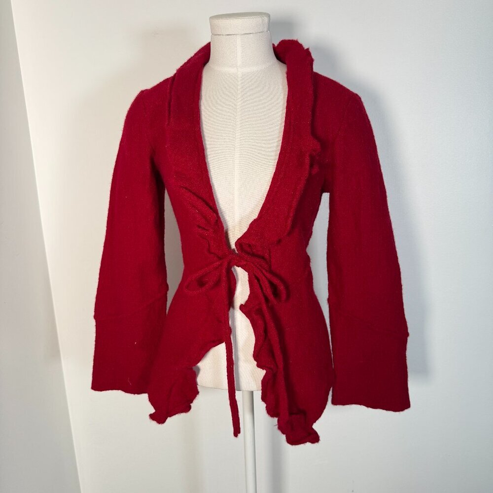 Elena Solano Red Boiled Wool Blazer Cardigan Tie Front Ruffle Romantic Cottage M